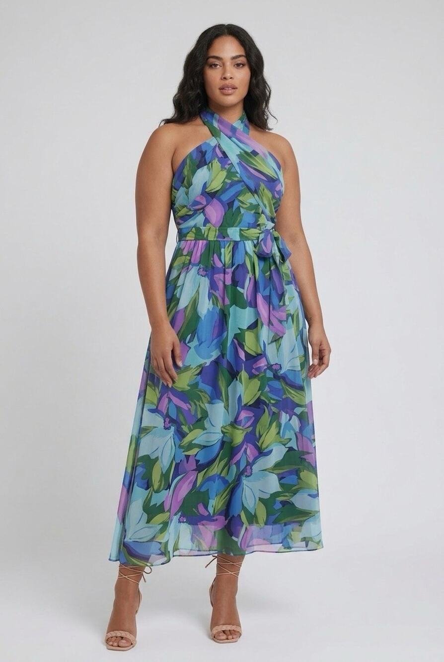 London Times Women's Twist Neck Halter Maxi Dress Blue Green Purple Size 14P